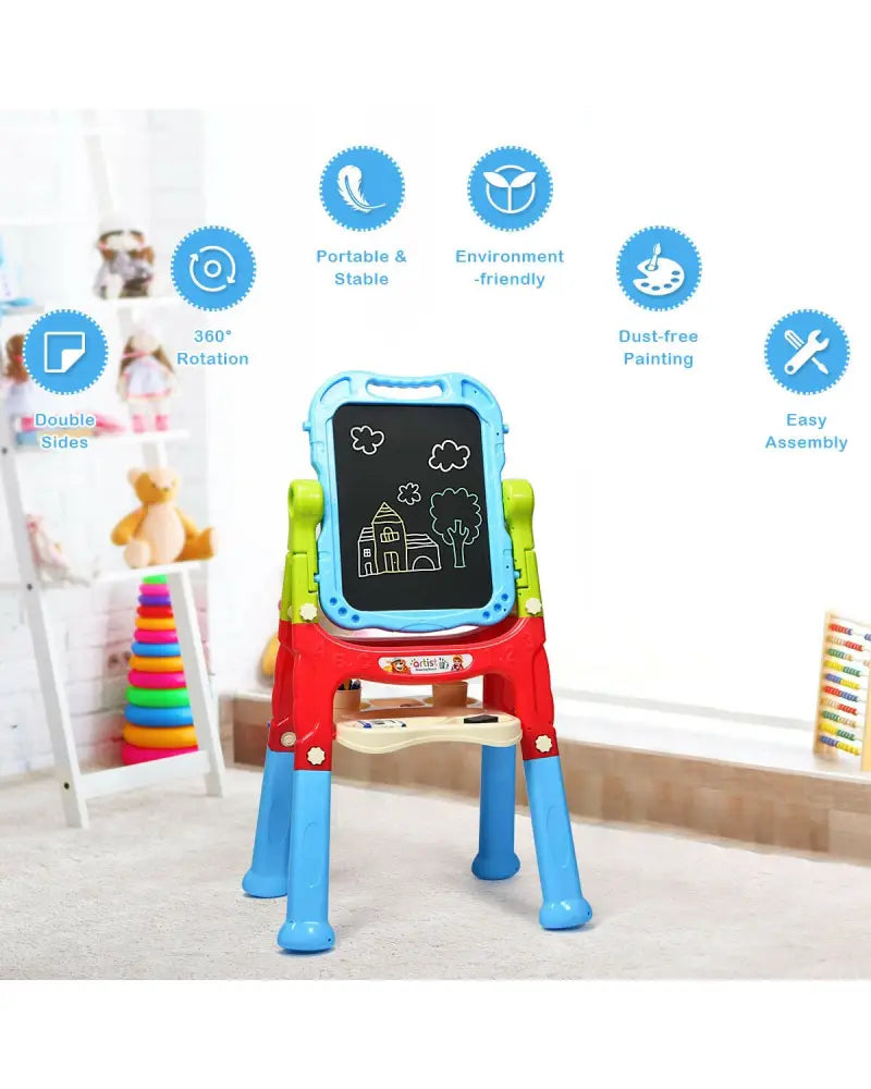 Height Adjustable Kids Art Easel Magnetic Double Sided Board-Blue - Blue - Art Easels