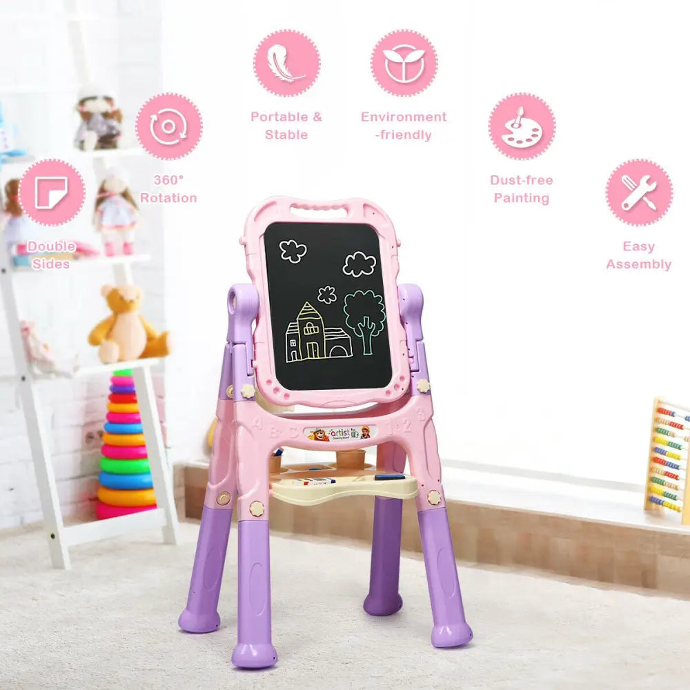 Height Adjustable Kids Art Easel Magnetic Double Sided Board-Pink - Pink - Art Easels