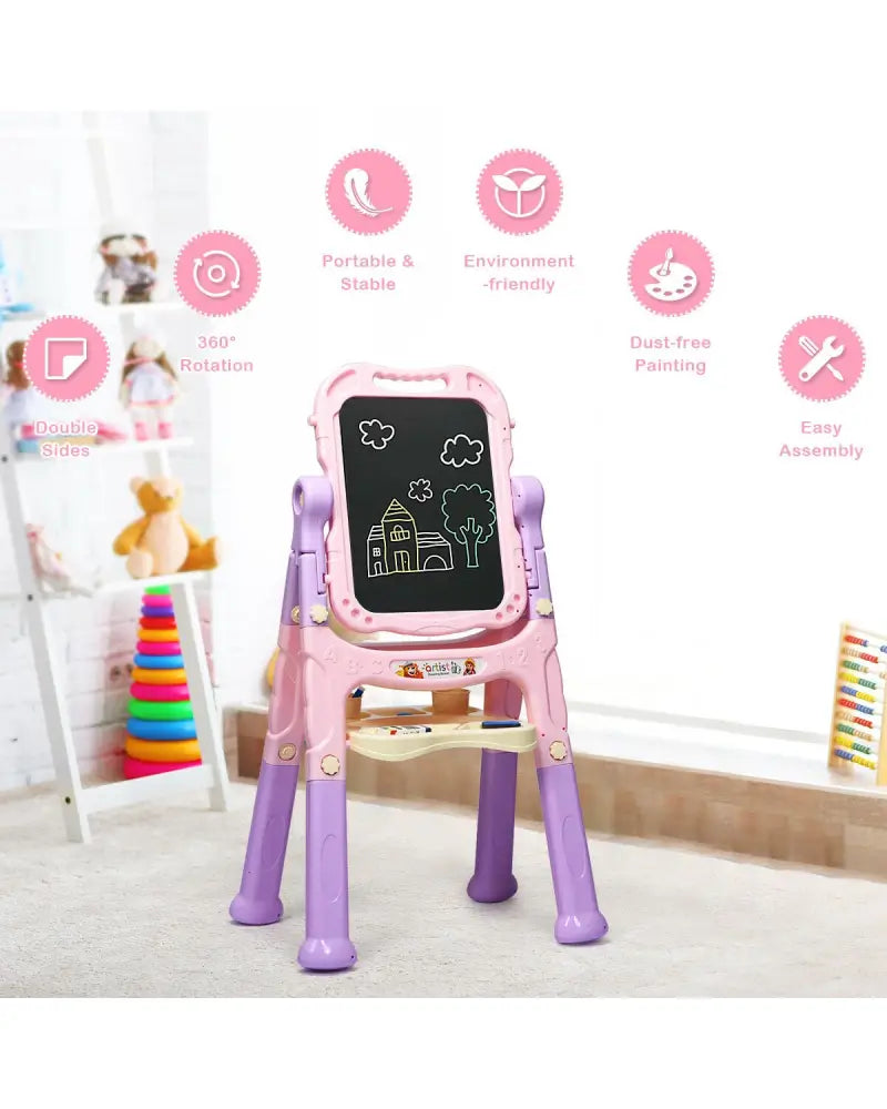 Height Adjustable Kids Art Easel Magnetic Double Sided Board-Pink - Pink - Art Easels