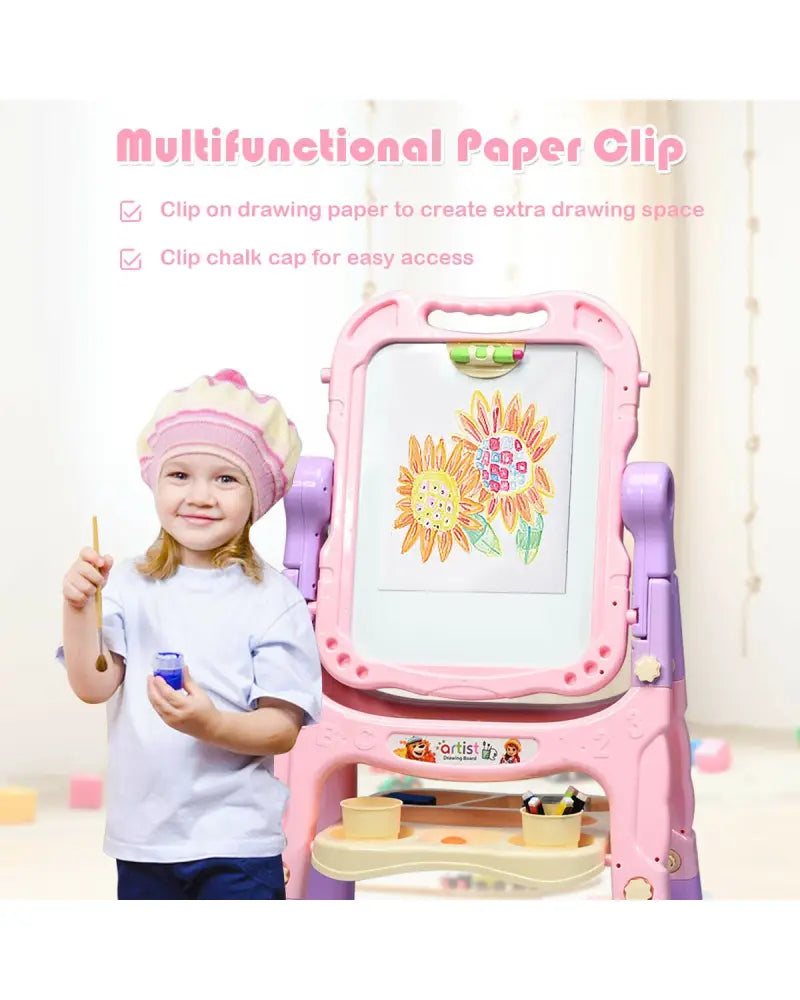 Height Adjustable Kids Art Easel Magnetic Double Sided Board-Pink - Pink - Art Easels