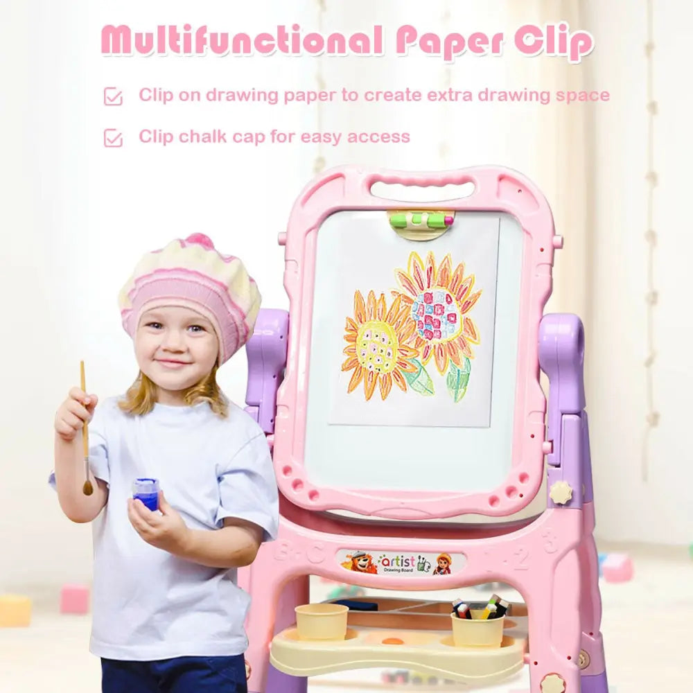 Height Adjustable Kids Art Easel Magnetic Double Sided Board-Pink - Pink - Art Easels