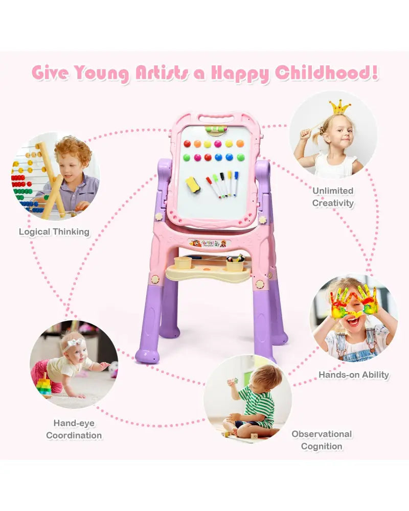 Height Adjustable Kids Art Easel Magnetic Double Sided Board-Pink - Pink - Art Easels