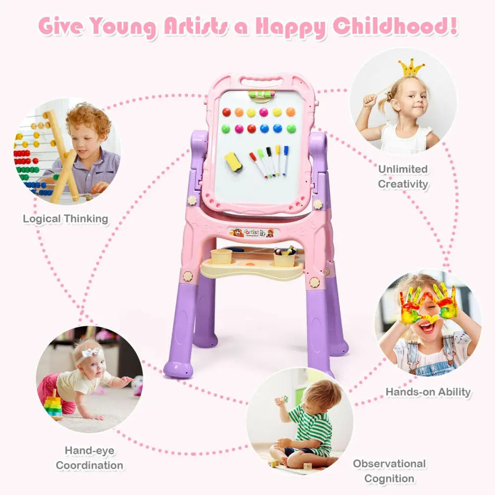 Height Adjustable Kids Art Easel Magnetic Double Sided Board-Pink - Pink - Art Easels