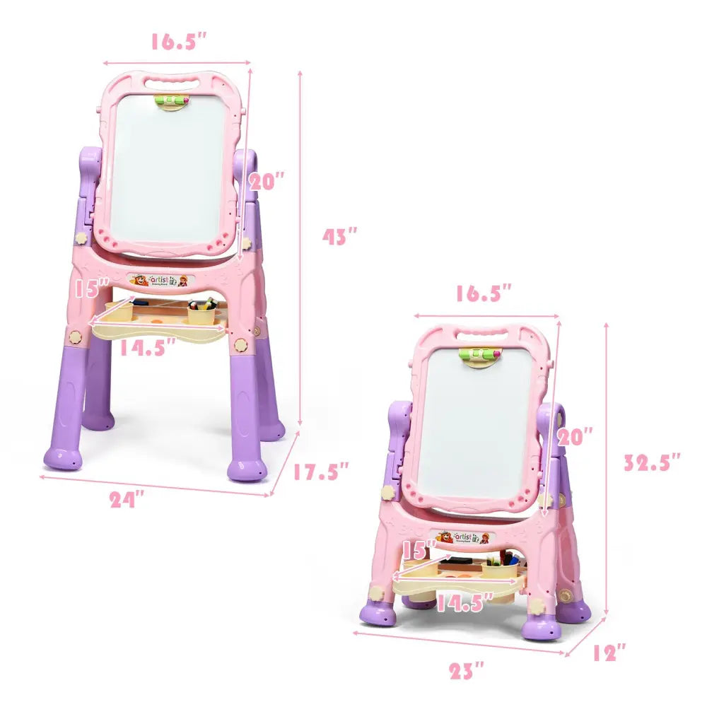 Height Adjustable Kids Art Easel Magnetic Double Sided Board-Pink - Pink - Art Easels