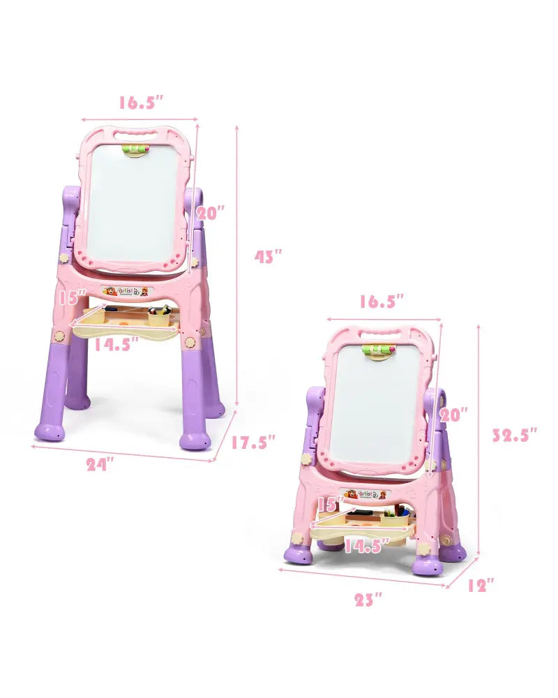 Height Adjustable Kids Art Easel Magnetic Double Sided Board-Pink - Pink - Art Easels