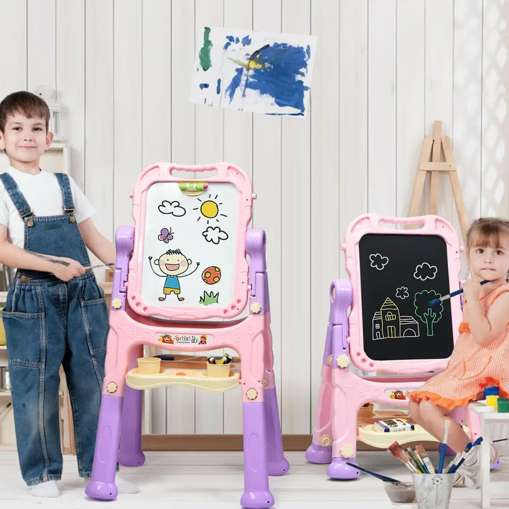 Height Adjustable Kids Art Easel Magnetic Double Sided Board-Pink - Pink - Art Easels