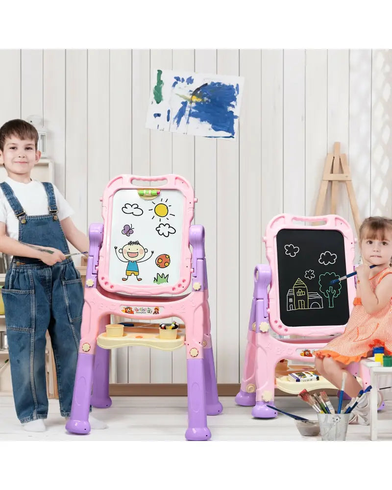 Height Adjustable Kids Art Easel Magnetic Double Sided Board-Pink - Pink - Art Easels