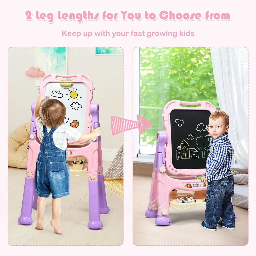 Height Adjustable Kids Art Easel Magnetic Double Sided Board-Pink - Pink - Art Easels