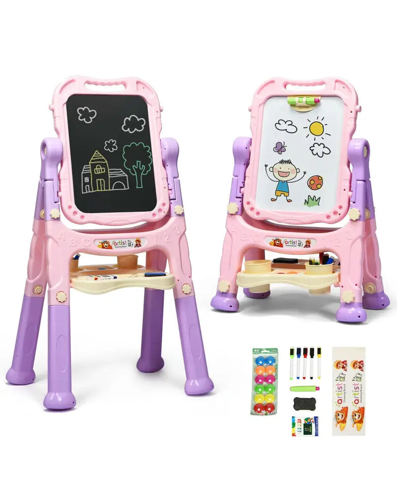 Height Adjustable Kids Art Easel Magnetic Double Sided Board-Pink - Pink - Art Easels