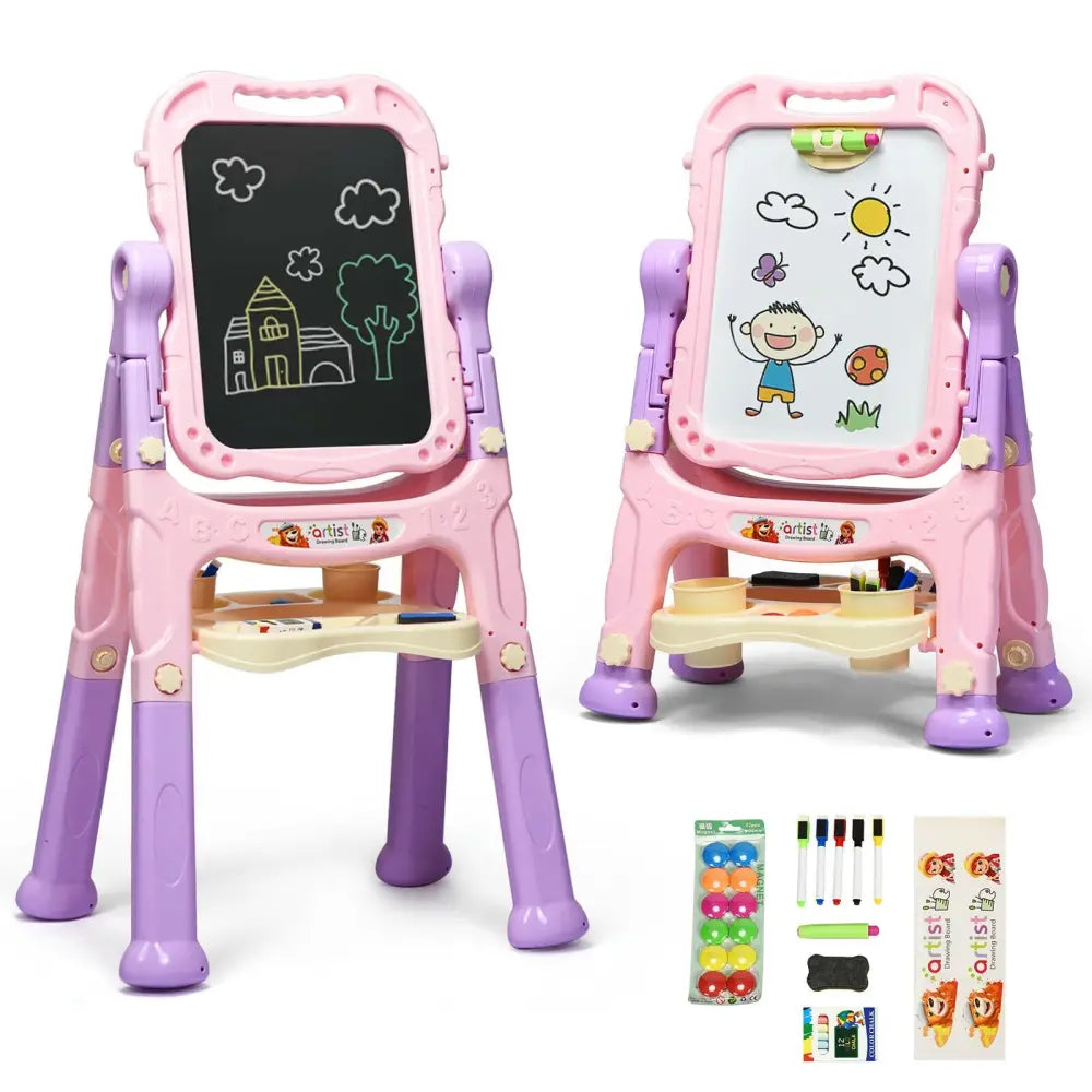 Height Adjustable Kids Art Easel Magnetic Double Sided Board-Pink - Pink - Art Easels