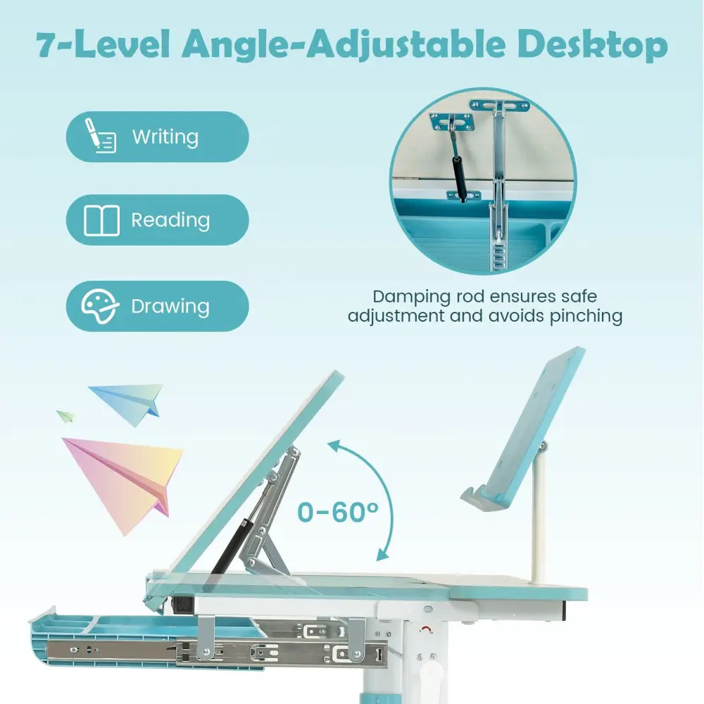 Height-Adjustable Kids Desk with Tilt Desktop and Book Stand-Blue - Blue - Kids Table & Chair Sets