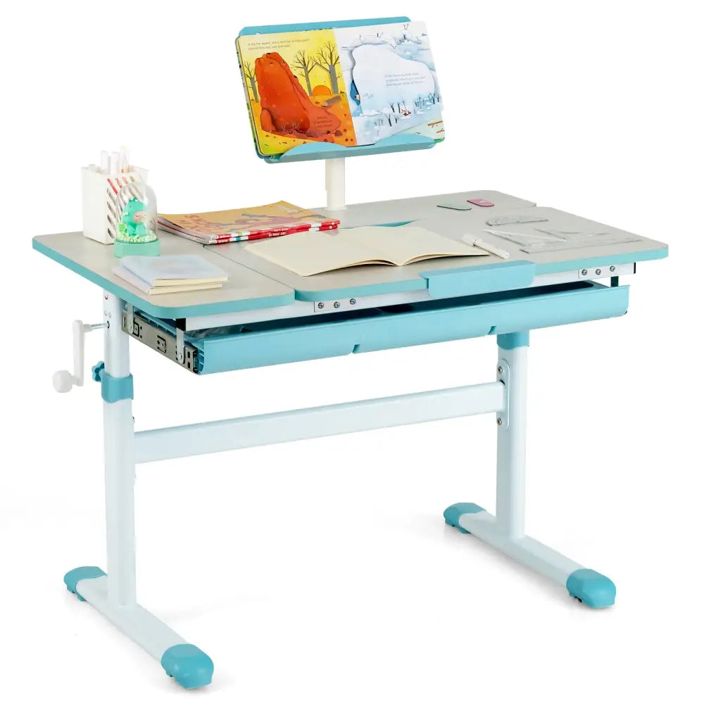 Height-Adjustable Kids Desk with Tilt Desktop and Book Stand-Blue - Blue - Kids Table & Chair Sets