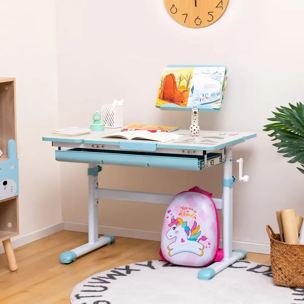 Height-Adjustable Kids Desk with Tilt Desktop and Book Stand-Blue - Blue - Kids Table & Chair Sets