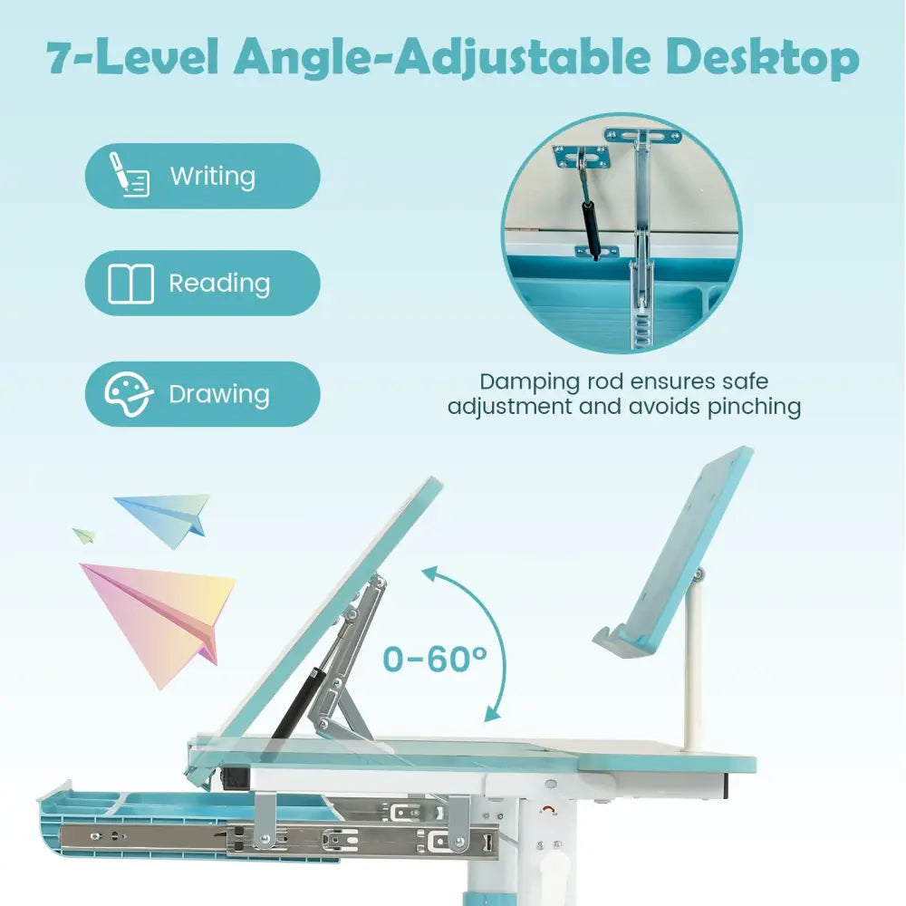 Height-Adjustable Kids Desk with Tilt Desktop and Book Stand-Blue - Blue - Kids Table & Chair Sets