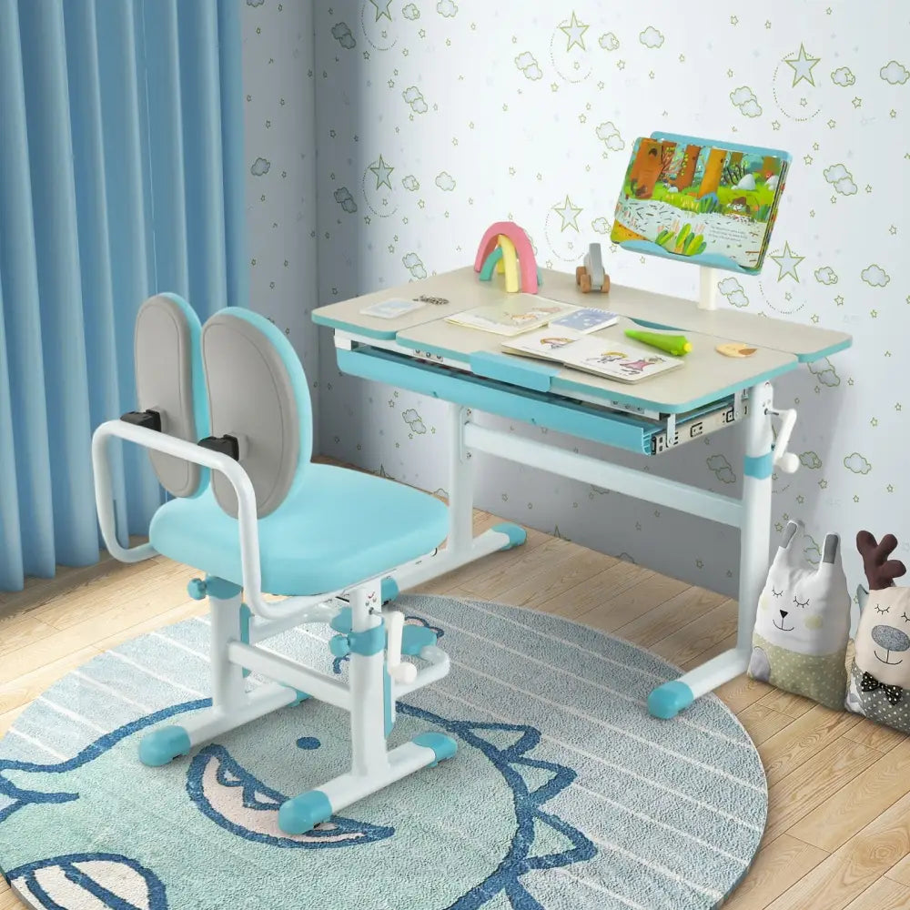 Height-Adjustable Kids Desk with Tilt Desktop and Book Stand-Blue - Blue - Kids Table & Chair Sets