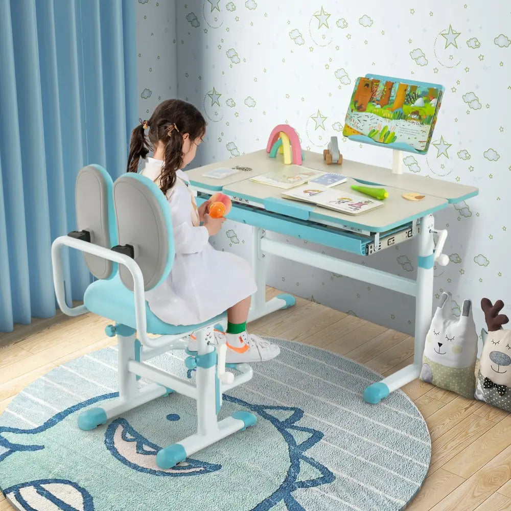Height-Adjustable Kids Desk with Tilt Desktop and Book Stand-Blue - Blue - Kids Table & Chair Sets