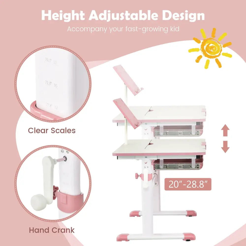 Height-Adjustable Kids Desk with Tilt Desktop and Book Stand-Pink - Pink - Kids Table & Chair Sets