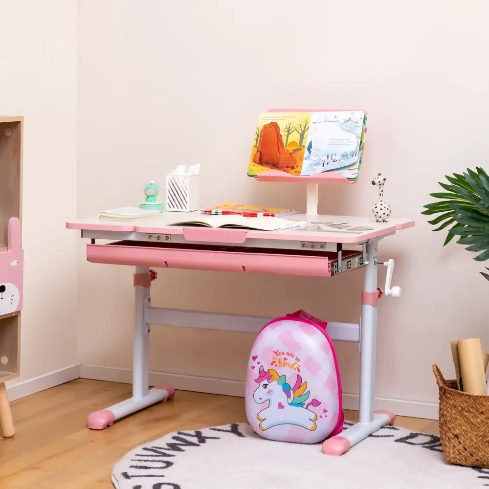 Height-Adjustable Kids Desk with Tilt Desktop and Book Stand-Pink - Pink - Kids Table & Chair Sets