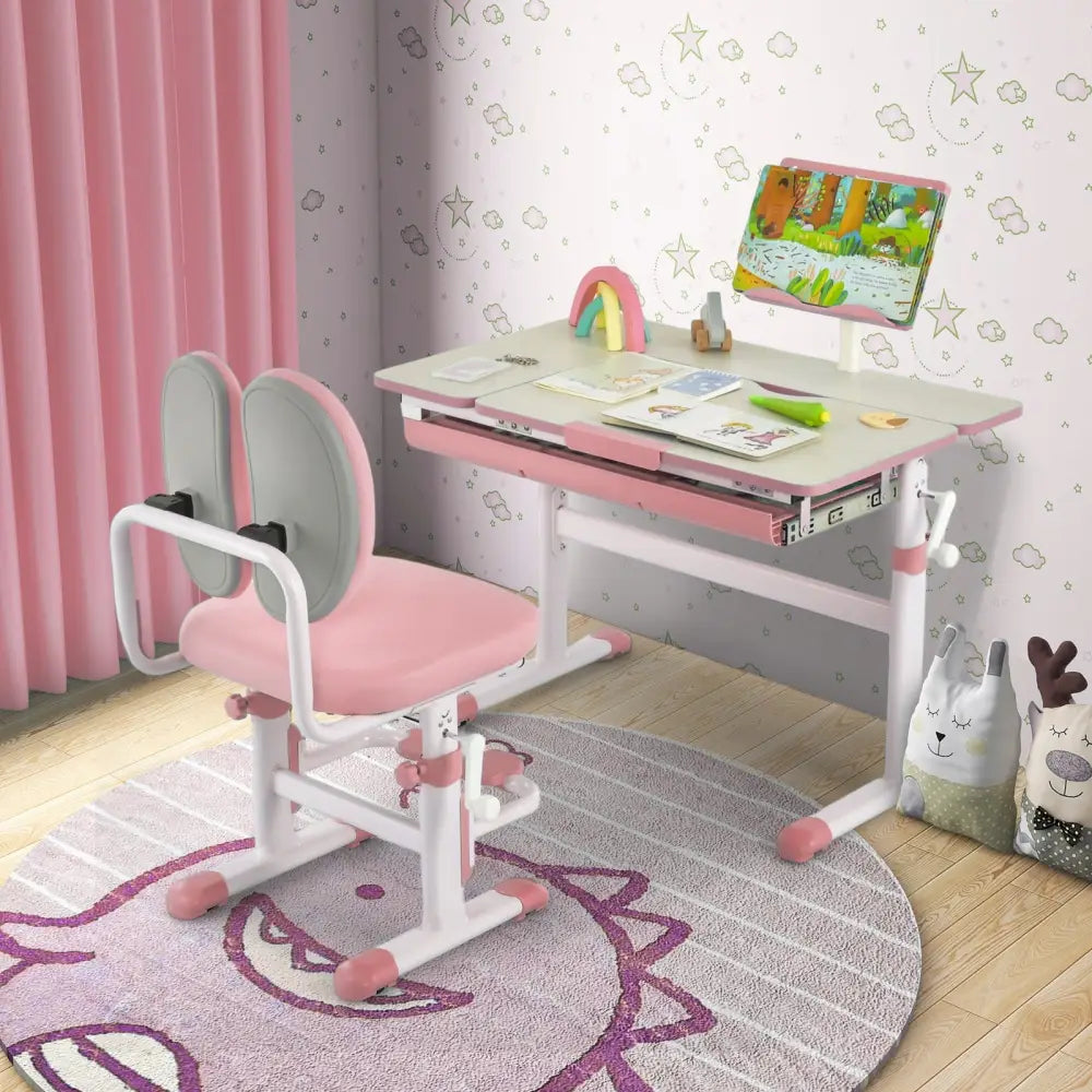 Height-Adjustable Kids Desk with Tilt Desktop and Book Stand-Pink - Pink - Kids Table & Chair Sets