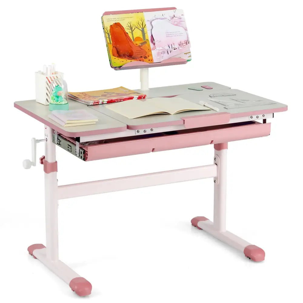 Height-Adjustable Kids Desk with Tilt Desktop and Book Stand-Pink - Pink - Kids Table & Chair Sets