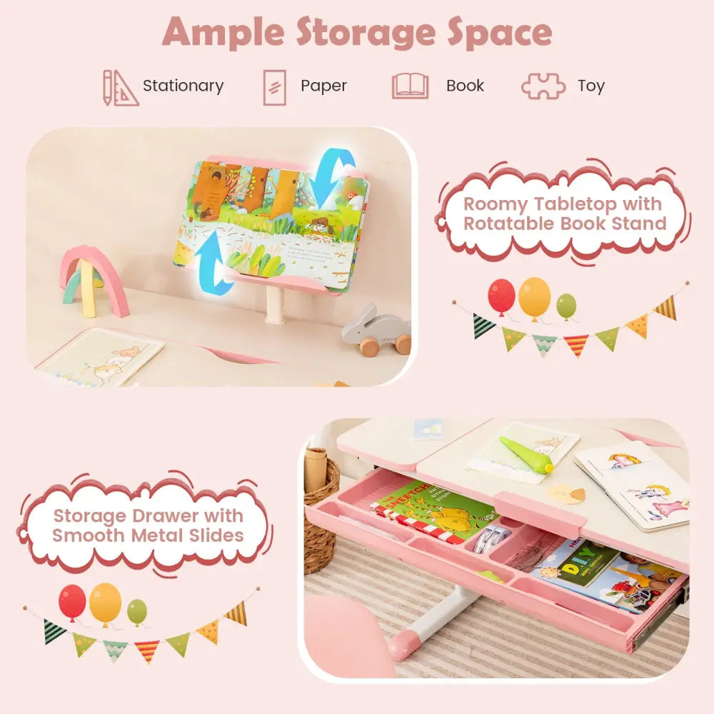 Height-Adjustable Kids Desk with Tilt Desktop and Book Stand-Pink - Pink - Kids Table & Chair Sets