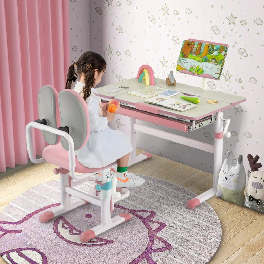 Height-Adjustable Kids Desk with Tilt Desktop and Book Stand-Pink - Pink - Kids Table & Chair Sets