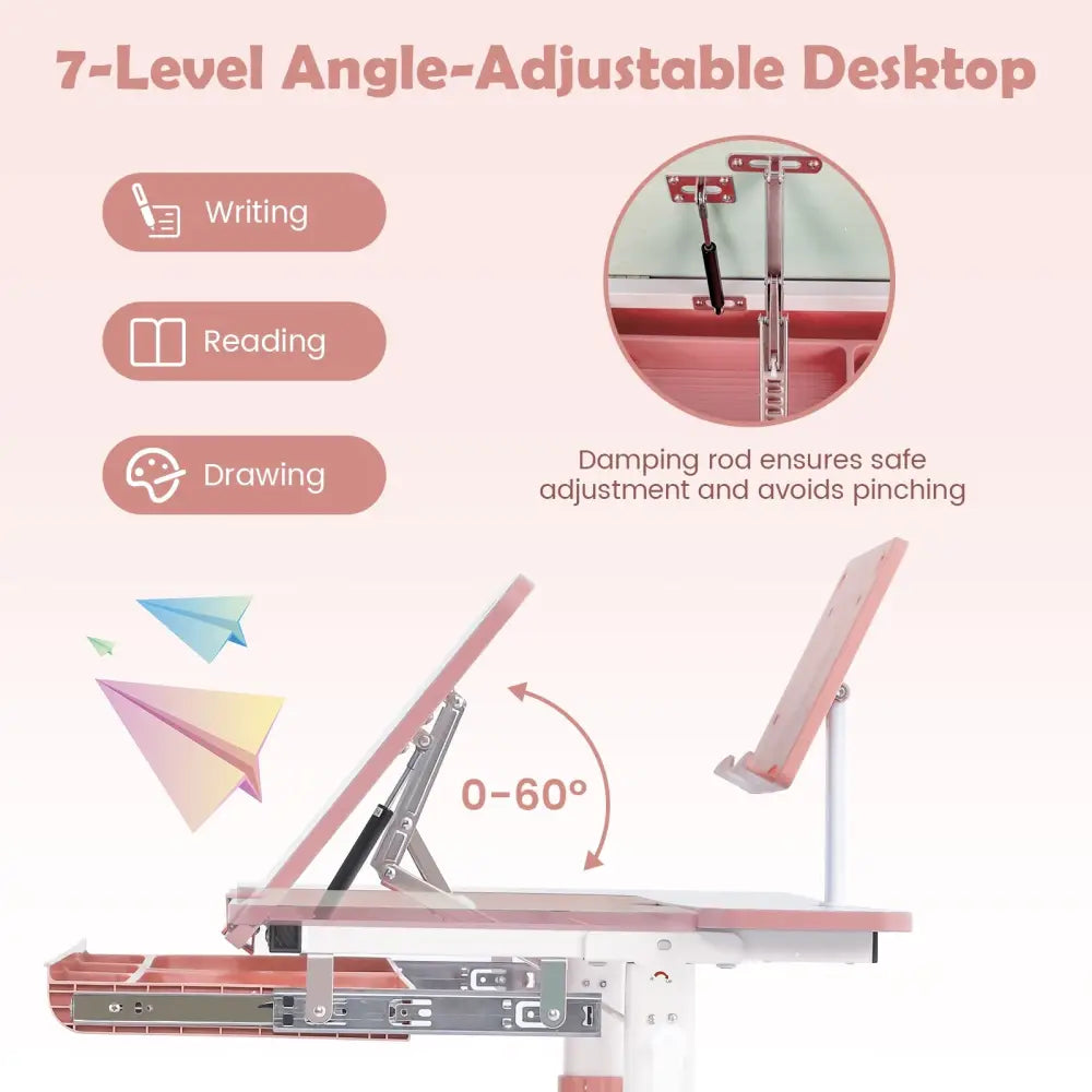Height-Adjustable Kids Desk with Tilt Desktop and Book Stand-Pink - Pink - Kids Table & Chair Sets