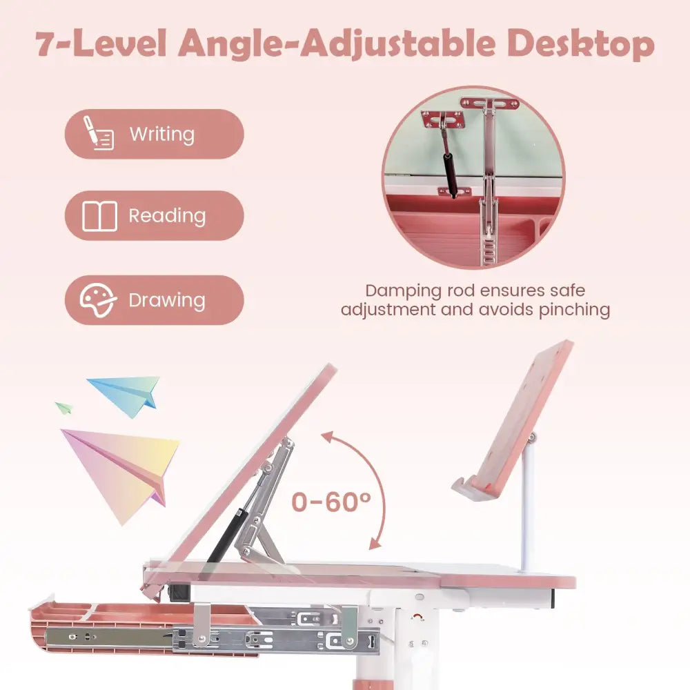 Height-Adjustable Kids Desk with Tilt Desktop and Book Stand-Pink - Pink - Kids Table & Chair Sets