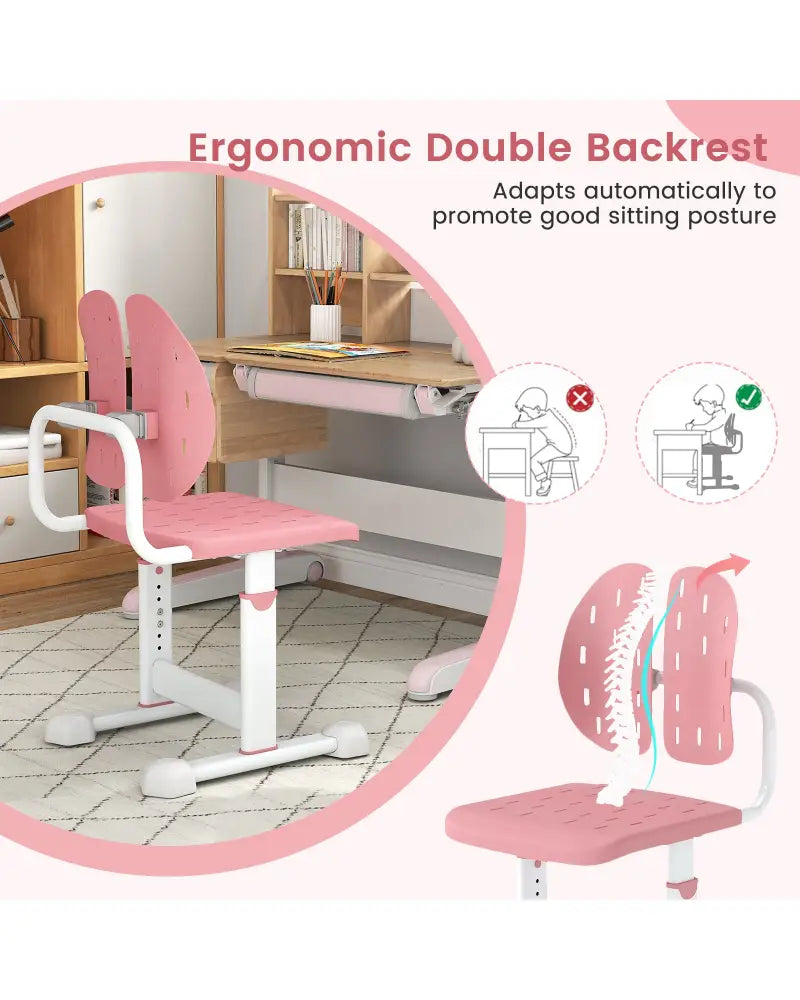Height-adjustable Kid’s Study Chair with Double Back Support and Breathable Seat for 3+ Years Old-Pink - Pink - Kids