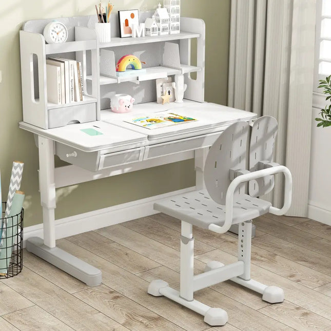 Height-adjustable Kid’s Study Chair with Double Back Support and Breathable Seat for 3+ Years Old-Gray - Gray - Kids