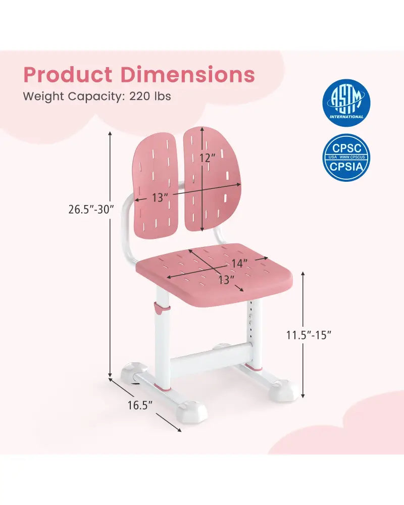 Height-adjustable Kid’s Study Chair with Double Back Support and Breathable Seat for 3+ Years Old-Pink - Pink - Kids