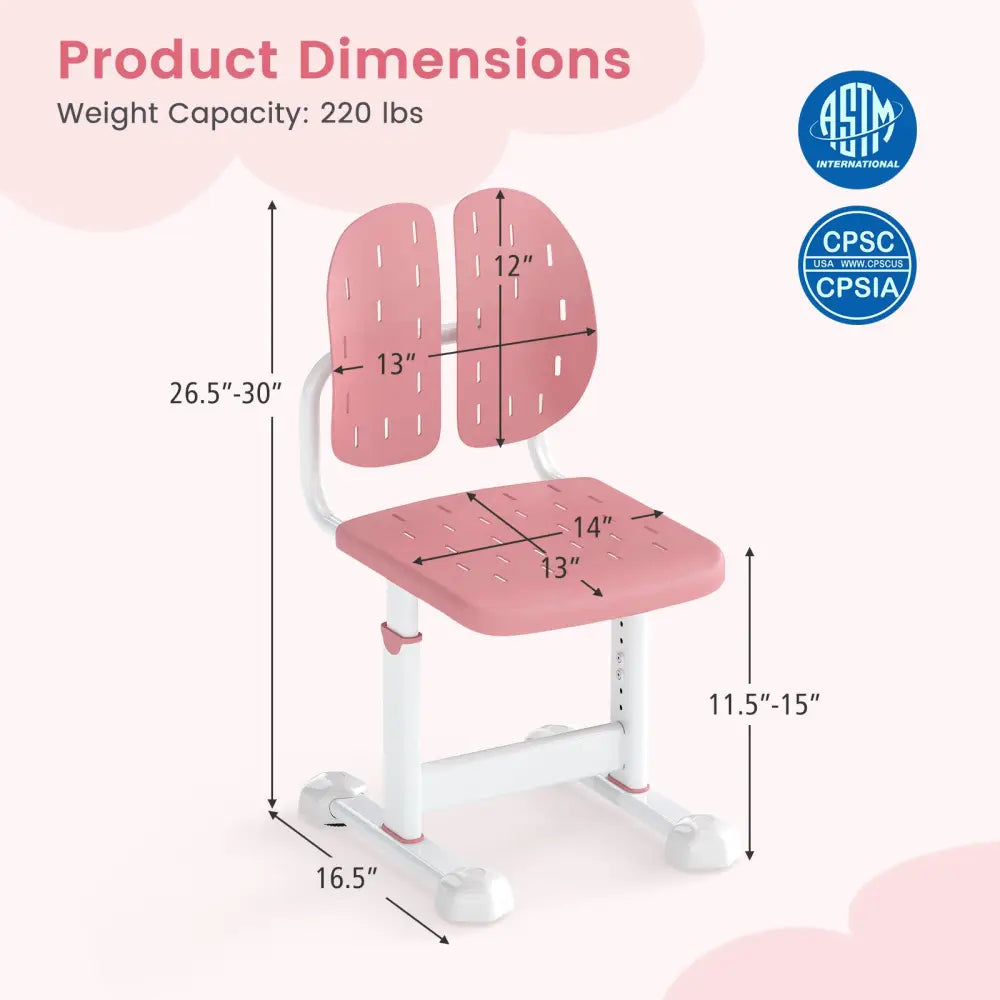 Height-adjustable Kid’s Study Chair with Double Back Support and Breathable Seat for 3+ Years Old-Pink - Pink - Kids