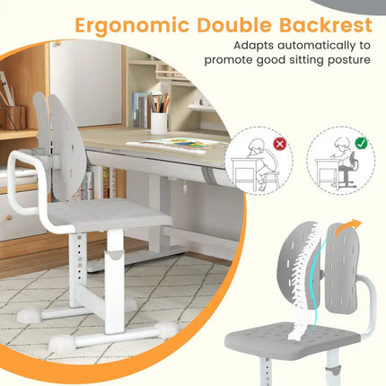 Height-adjustable Kid’s Study Chair with Double Back Support and Breathable Seat for 3+ Years Old-Gray - Gray - Kids