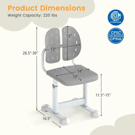 Height-adjustable Kid’s Study Chair with Double Back Support and Breathable Seat for 3+ Years Old-Gray - Gray - Kids