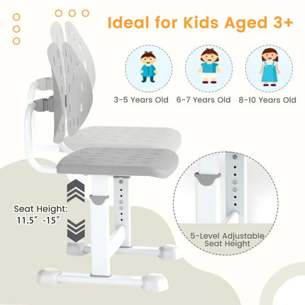 Height-adjustable Kid’s Study Chair with Double Back Support and Breathable Seat for 3+ Years Old-Gray - Gray - Kids