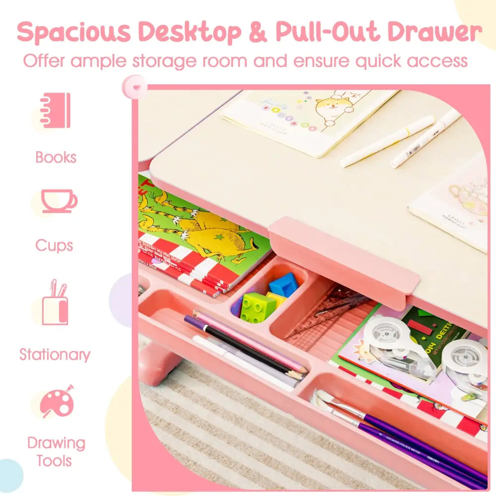Height-Adjustable Kid’s Study Desk and Chair Set-Pink - Pink - Kids Table & Chair Sets
