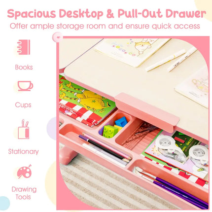 Height-Adjustable Kid’s Study Desk and Chair Set-Pink - Pink - Kids Table & Chair Sets
