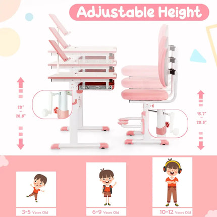 Height-Adjustable Kid’s Study Desk and Chair Set-Pink - Pink - Kids Table & Chair Sets