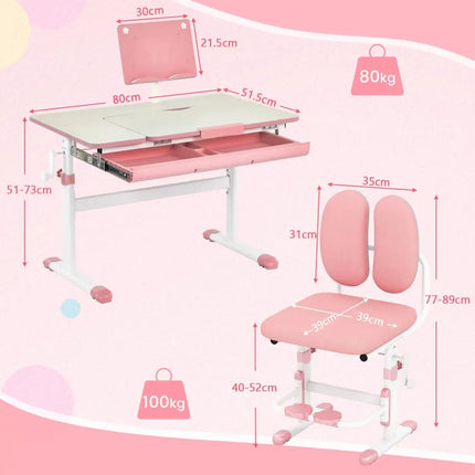 Height-Adjustable Kid’s Study Desk and Chair Set-Pink - Pink - Kids Table & Chair Sets