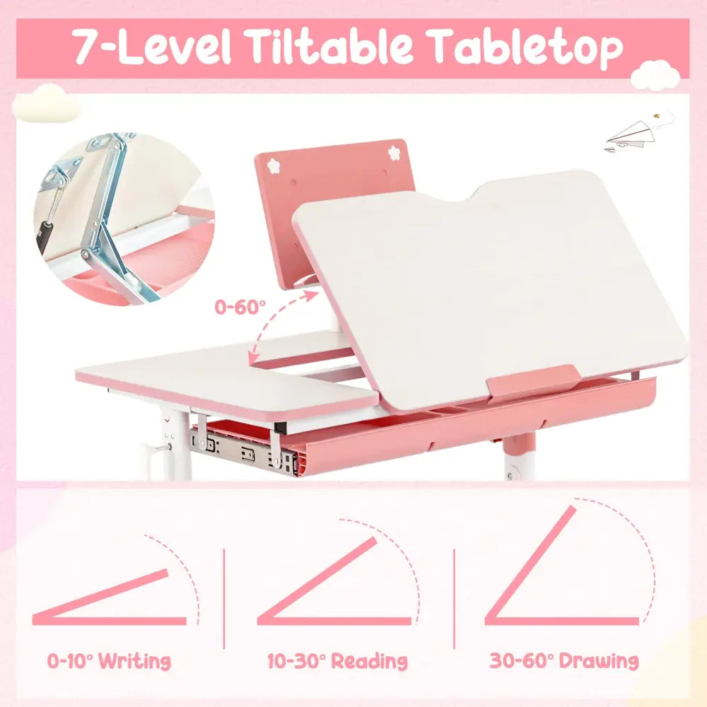 Height-Adjustable Kid’s Study Desk and Chair Set-Pink - Pink - Kids Table & Chair Sets