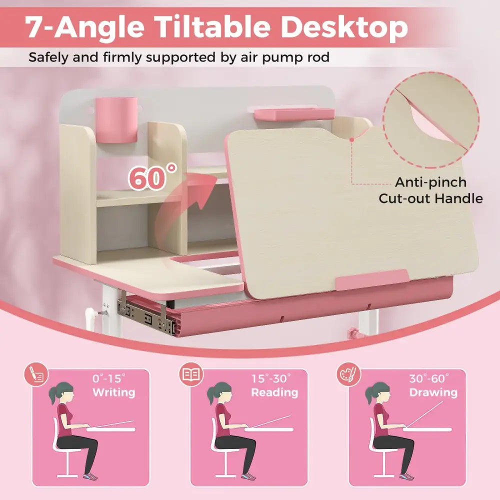 Height Adjustable Kids Study Desk with Tilt Desktop for 3-12 Years Old-Pink - Pink - Kids Table & Chair Sets