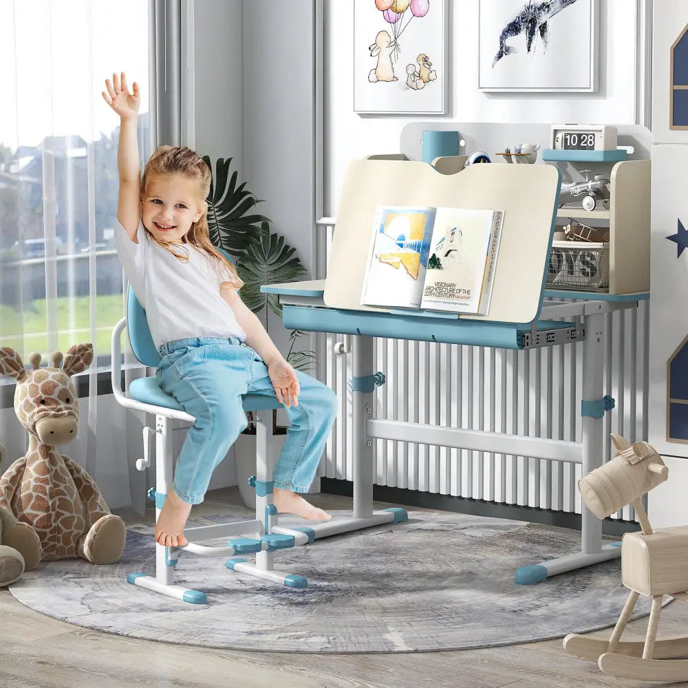 Height Adjustable Kids Study Desk with Tilt Desktop for 3-12 Years Old-Blue - Blue - Kids Table & Chair Sets