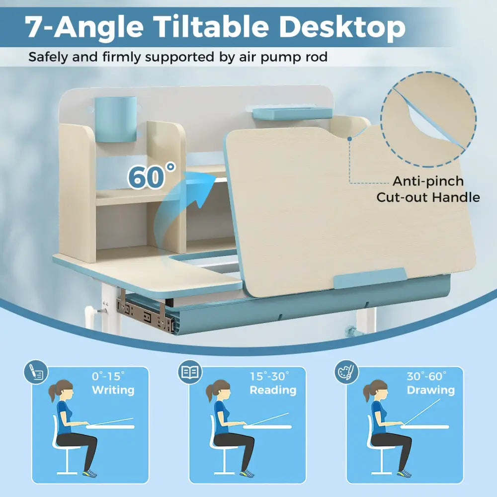 Height Adjustable Kids Study Desk with Tilt Desktop for 3-12 Years Old-Blue - Blue - Kids Table & Chair Sets
