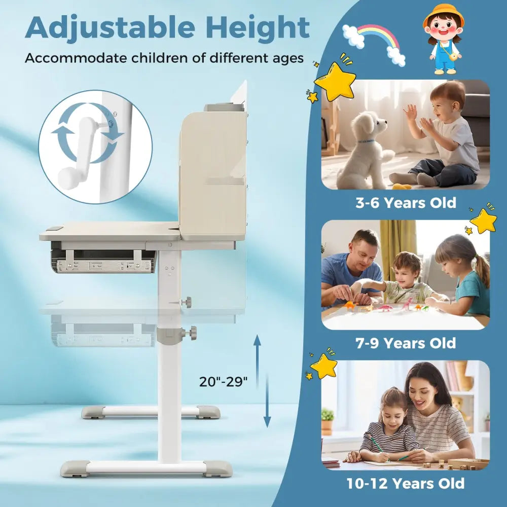 Height Adjustable Kids Study Desk with Tilt Desktop for 3-12 Years Old-Gray - Gray - Kids Table & Chair Sets
