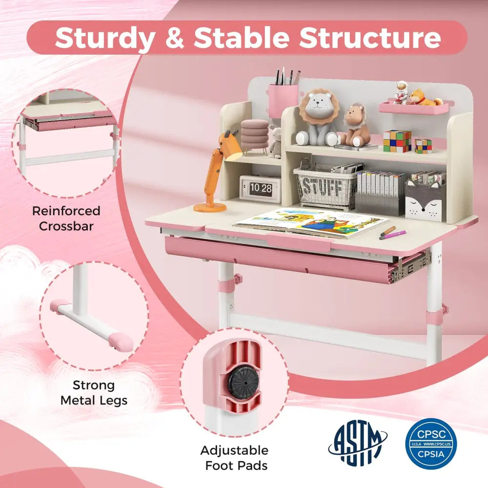 Height Adjustable Kids Study Desk with Tilt Desktop for 3-12 Years Old-Pink - Pink - Kids Table & Chair Sets