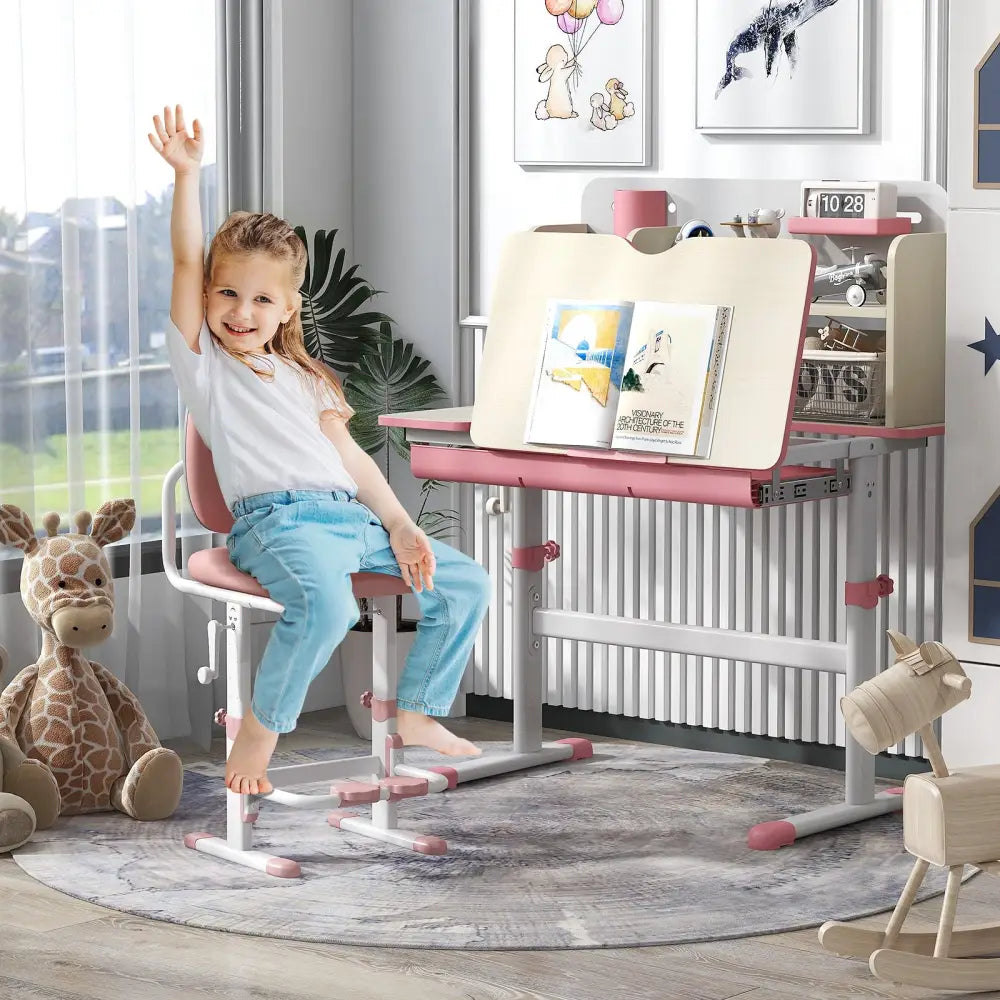Height Adjustable Kids Study Desk with Tilt Desktop for 3-12 Years Old-Pink - Pink - Kids Table & Chair Sets