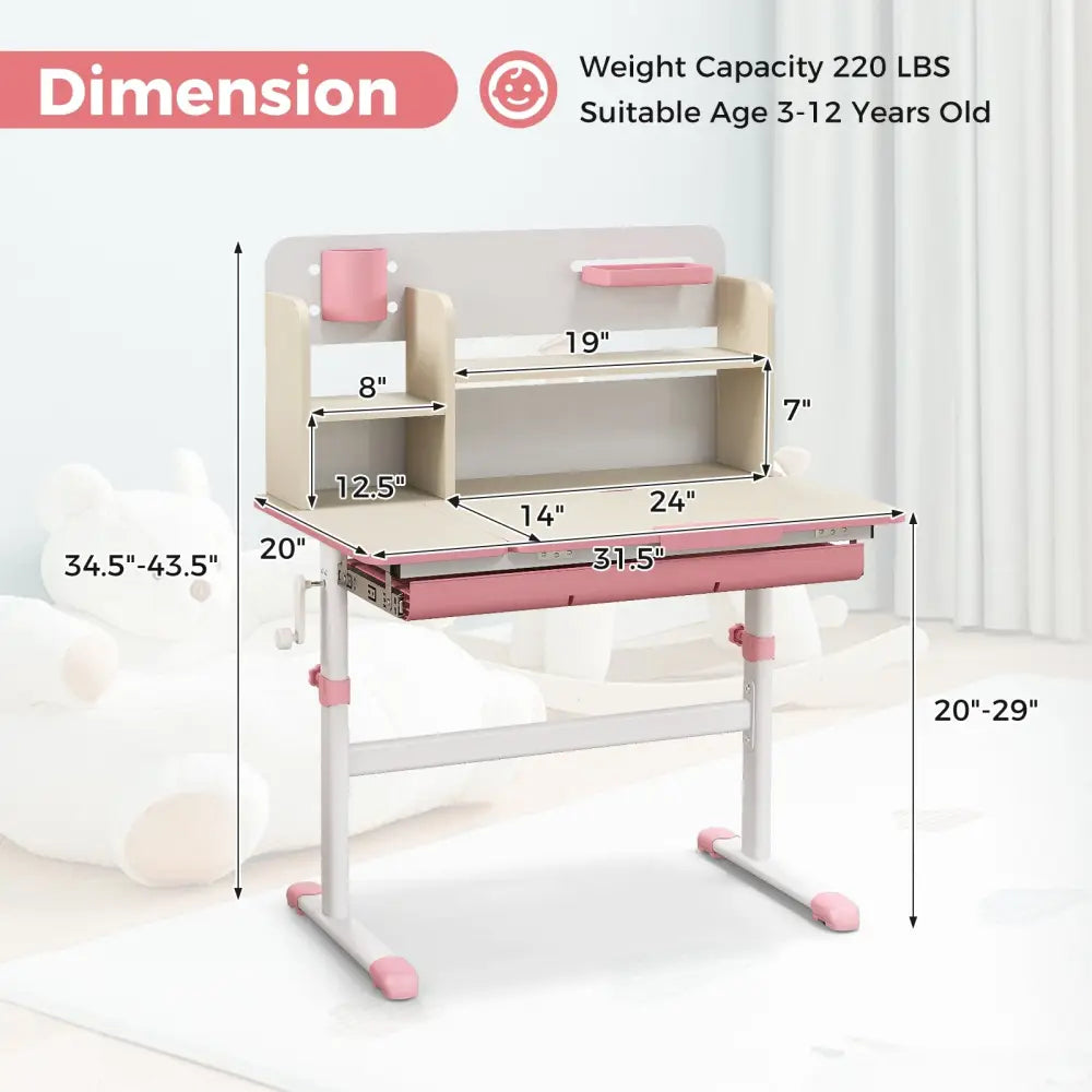 Height Adjustable Kids Study Desk with Tilt Desktop for 3-12 Years Old-Pink - Pink - Kids Table & Chair Sets