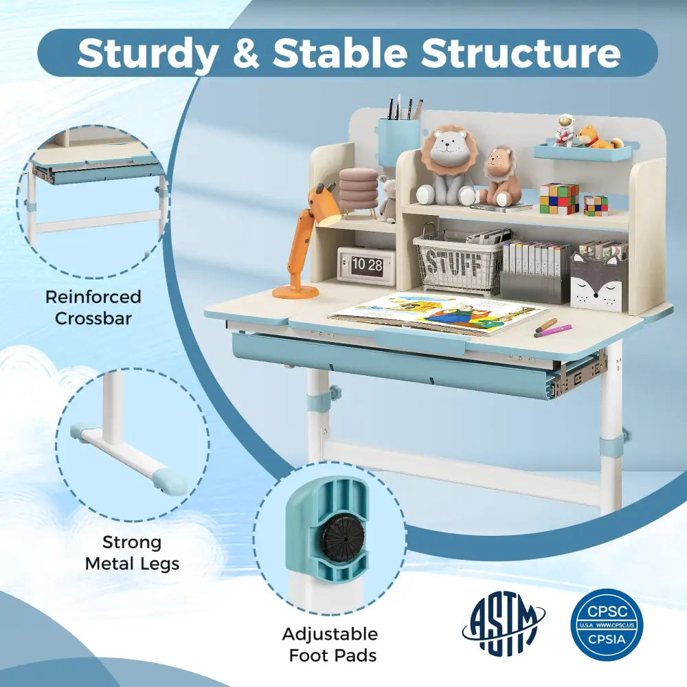 Height Adjustable Kids Study Desk with Tilt Desktop for 3-12 Years Old-Blue - Blue - Kids Table & Chair Sets