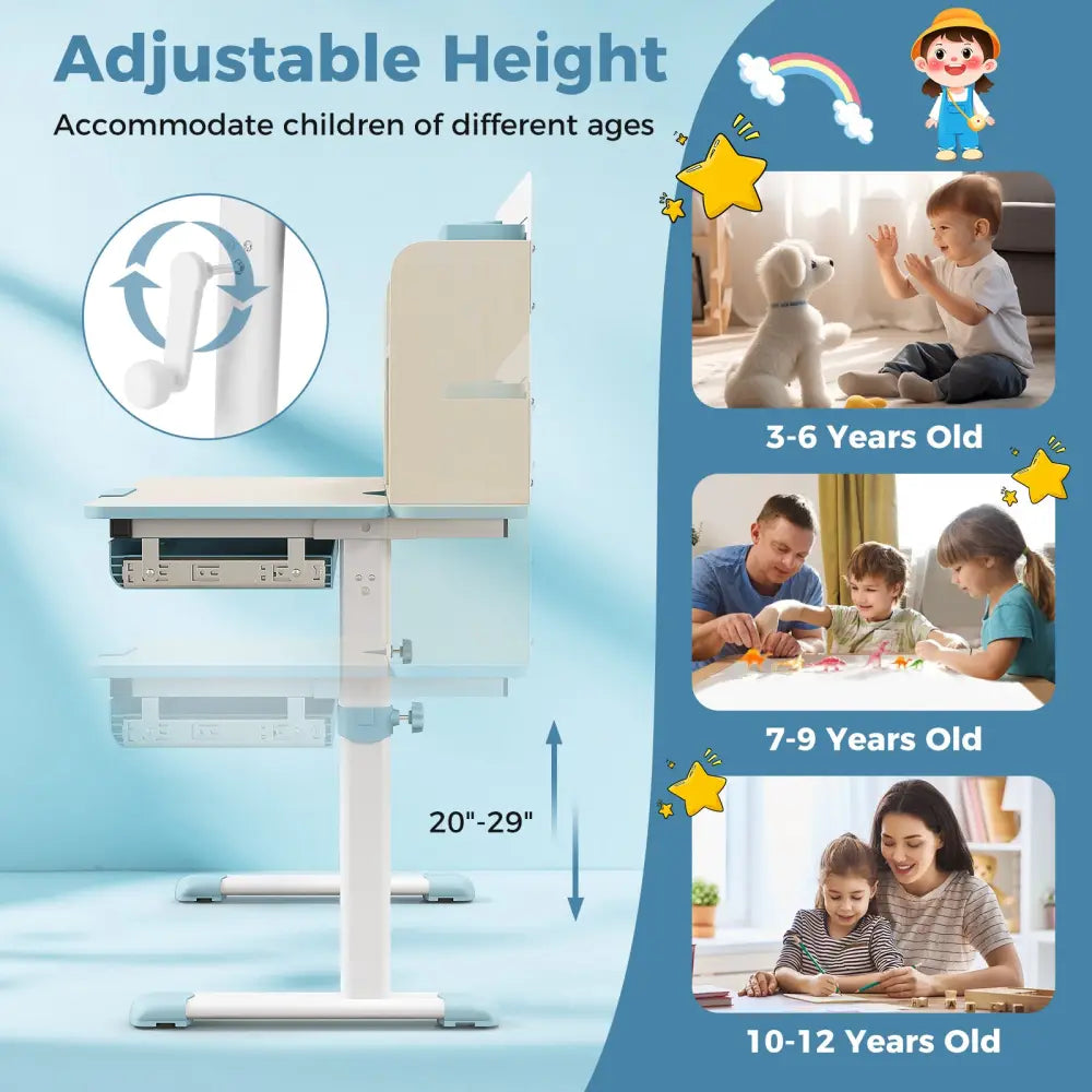 Height Adjustable Kids Study Desk with Tilt Desktop for 3-12 Years Old-Blue - Blue - Kids Table & Chair Sets