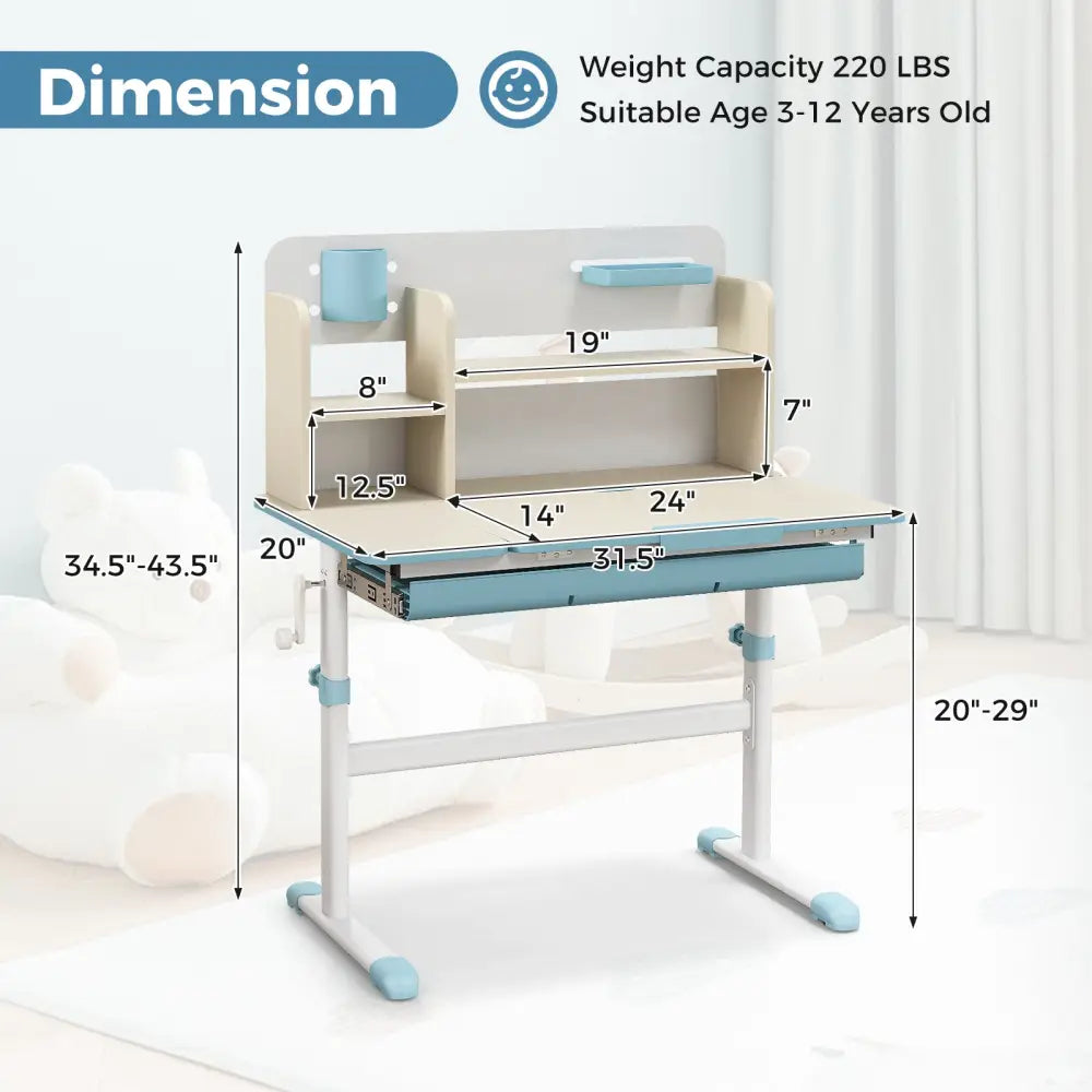 Height Adjustable Kids Study Desk with Tilt Desktop for 3-12 Years Old-Blue - Blue - Kids Table & Chair Sets